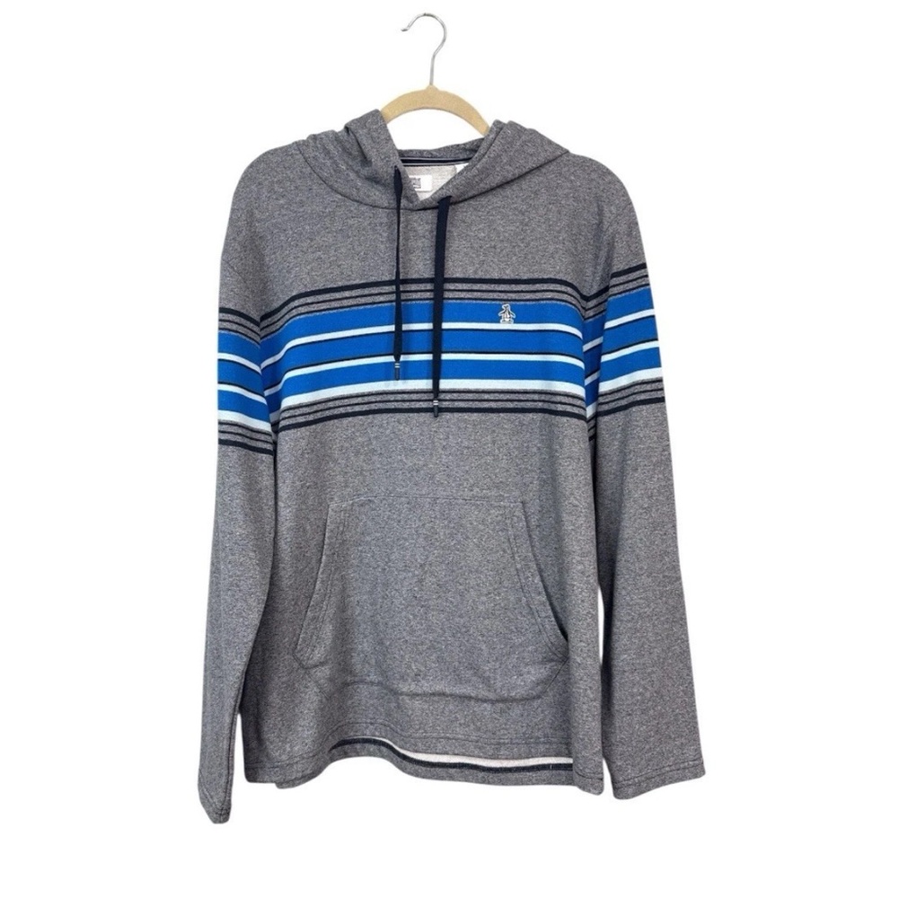 Penguin by Munsingwear NEW Mens Large Pullover Hoodie Pocket Striped Gray Blue